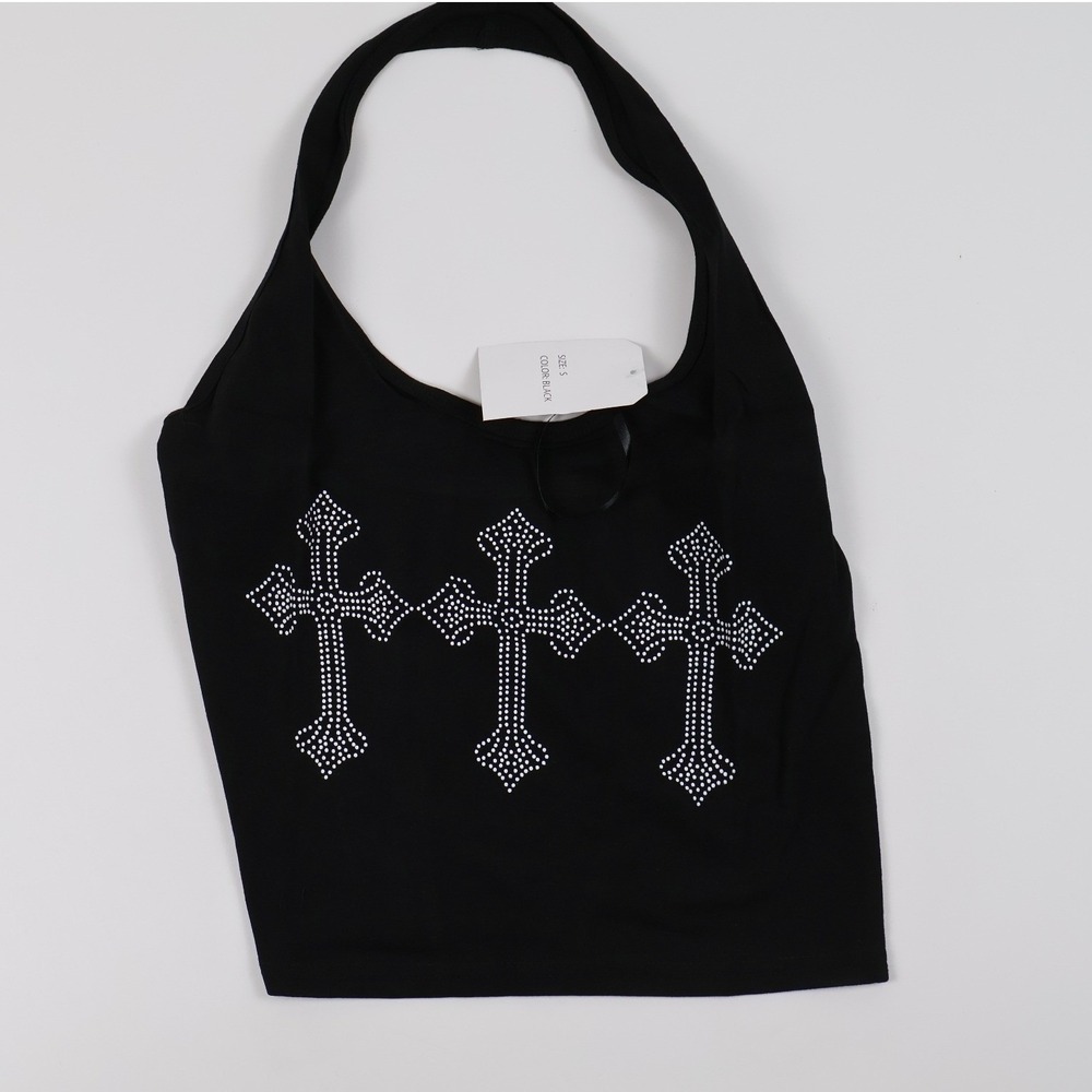 On Fire Halter Top Gothic Rhinestone Cross Black S NWT